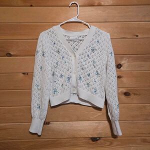 Women's Boutique Wind & Willow Embroidered Knit Full Button Floral Cardigan